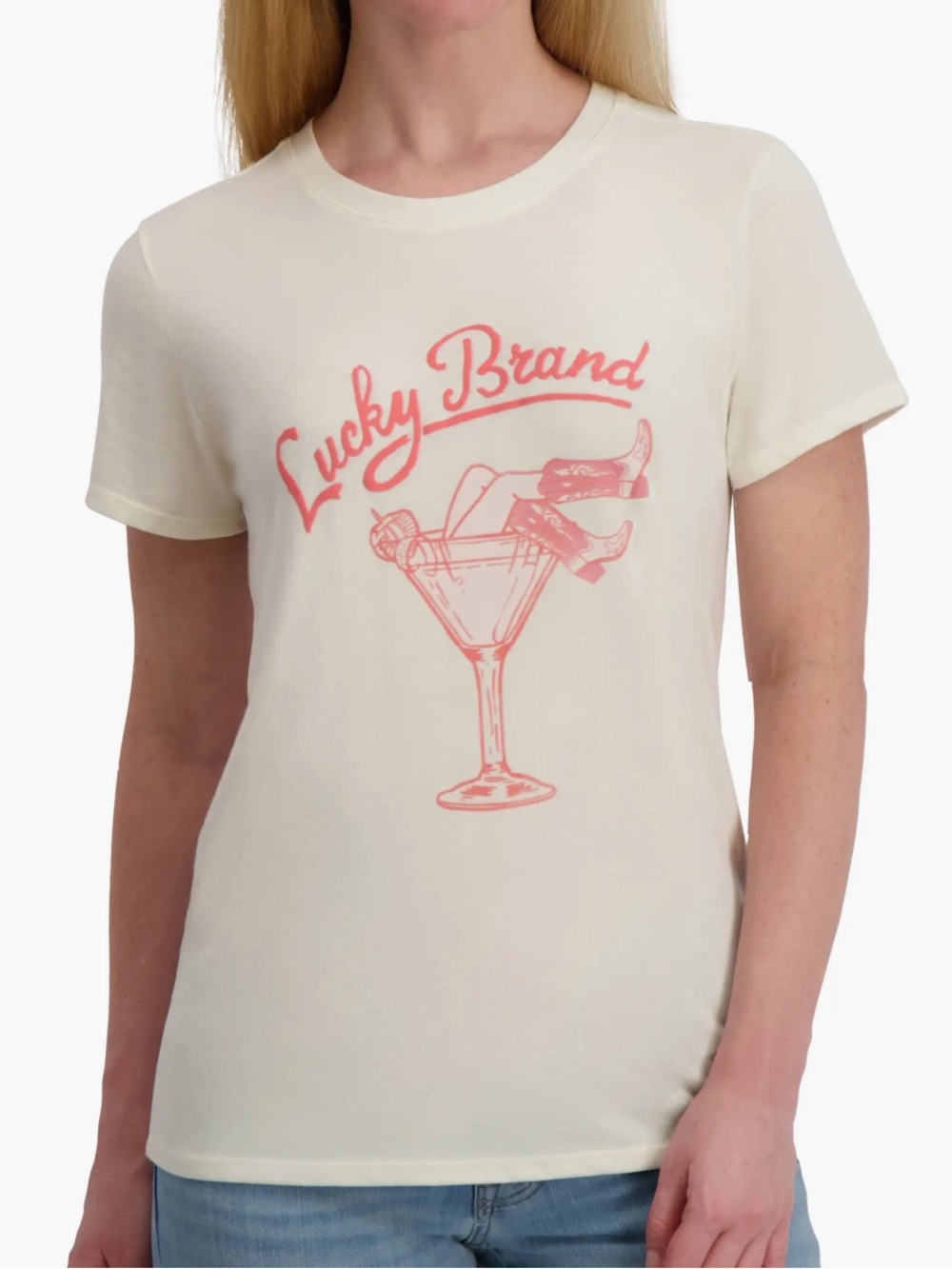 Lucky Brand Cream Tee with Pink Cowgirl Boots Graphic
